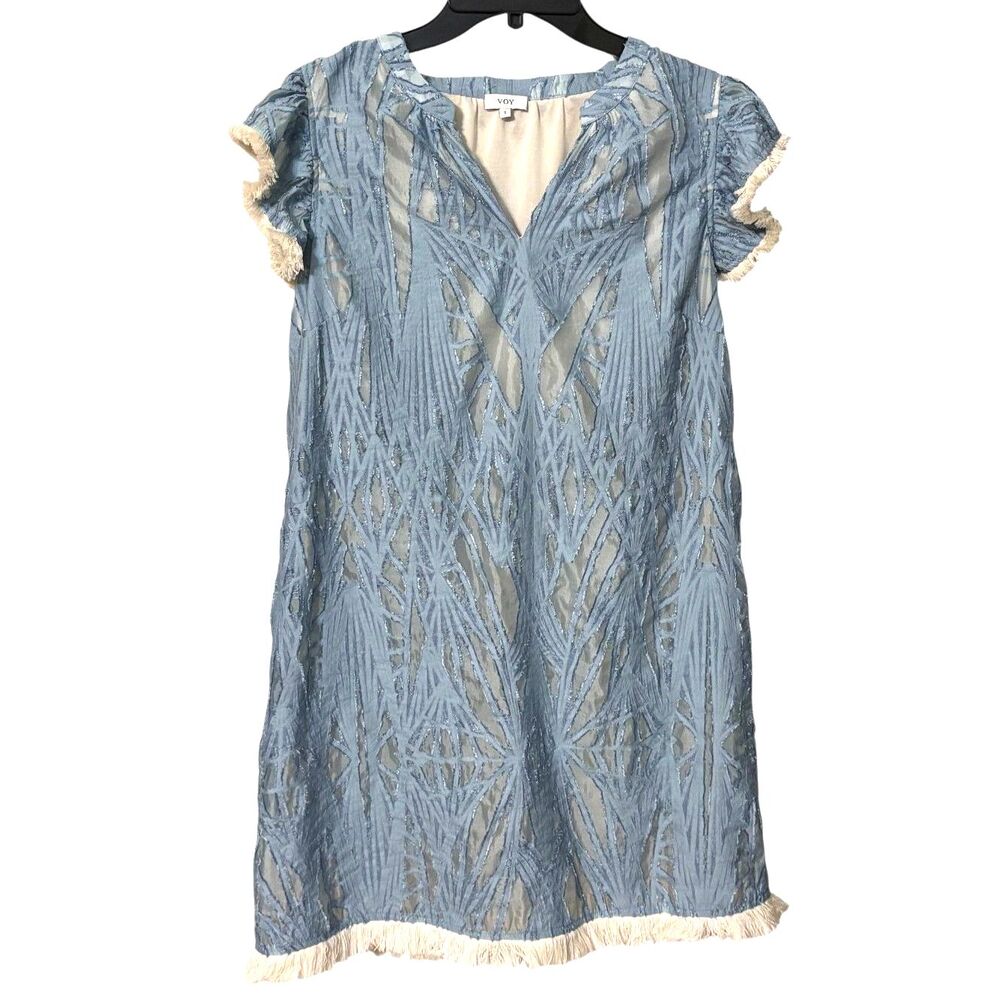 VOY Blue Embroidered Burnout Fringe Tunic Dress Small Boho Linen Blend